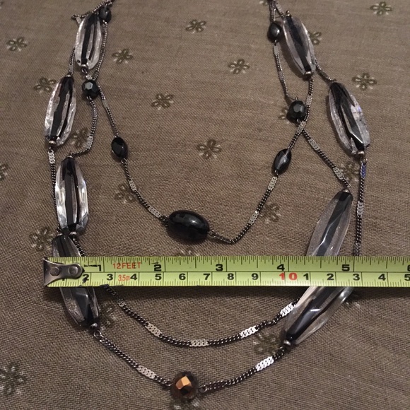 Vintage Black And Clear Beaded Silver Tone Layered Sweater Necklace - Picture 5 of 8